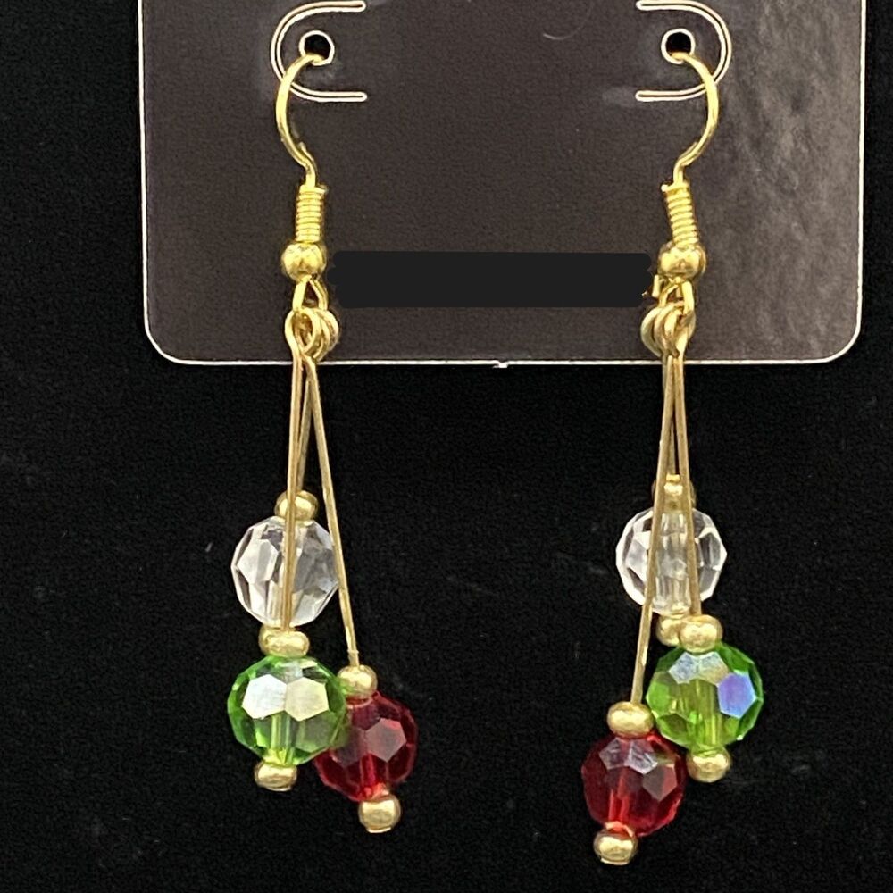 Handmade Clear Green & Red Crystal Bead Gold Tone Drop Earrings by Neanie-Bot